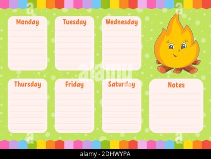 School schedule. Timetable for schoolboys. Empty template. Weekly planer with notes. Isolated color vector illustration. Cartoon character. Stock Vector