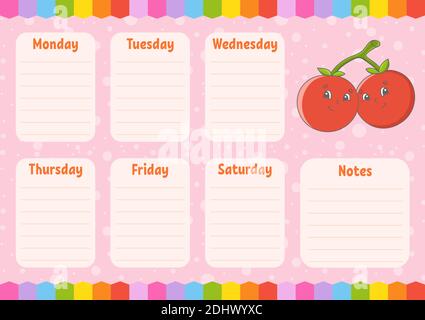 School schedule. Timetable for schoolboys. Empty template. Weekly planer with notes. Isolated color vector illustration. Cartoon character. Stock Vector