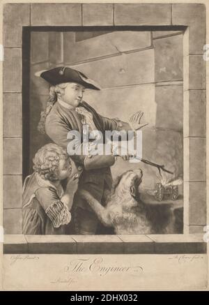The Engineer, Print made by Butler Clowes, active 1768, died 1782, British, after Jean François Gille Colson, 1733–1803, French, Published by Thomas Kitchin, 1719–1784, British, ca. 1770, Mezzotint on moderately thick, slightly textured, beige laid paper, Sheet: 14 5/16 × 10 3/8 inches (36.4 × 26.4 cm) and Image: 12 3/16 x 10 1/16 inches (31 x 25.5 cm), architecture, boy, buttons, cannon, child, costume, cravat, curiosity, curls, dog (animal), engineer, explaining, genre subject, hat, man, noise, science, science, showing, smiling, smoke, stick, tricorn, wall, watching, wig, window Stock Photo