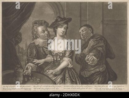 The Choice, Print made by John Faber the Younger, ca. 1695–1756, Netherlandish, active in Britain, Published by John Faber the Younger, ca. 1695–1756, Netherlandish, active in Britain, after Philippe Mercier, 1689 or 1691–1760, Franco-German, active in Britain (from 1716), 1737, Mezzotint on moderately thick, slightly textured, cream laid paper, Sheet: 10 5/8 x 15 1/8 inches (27 x 38.4 cm), Plate: 9 15/16 x 14 inches (25.2 x 35.5 cm), and Image: 9 3/16 x 13 15/16 inches (23.4 x 35.4 cm), arch, church, coins, collar, costume, courtship, drapery, genre subject, gesture, gown, hats, leisure, men Stock Photo