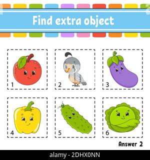 Find extra object. Educational activity worksheet for kids and toddlers. Game for children. Happy characters. Simple flat color isolated vector illust Stock Vector