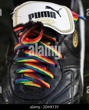 A close up of a player's rainbow laces during the Sky Bet League One match at Portman Road, Ipswich. Stock Photo