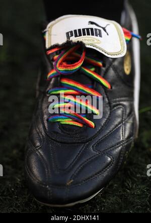 A close up of a player's rainbow laces during the Sky Bet League One match at Portman Road, Ipswich. Stock Photo