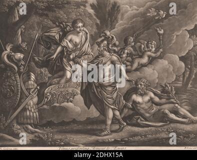 Venus Presenting Armour to Aeneas, Print made by Bernard Lens, 1659–1725, British, after unknown artist, ( F. Cersabon ), undated, Mezzotint on moderately thick, moderately textured, cream laid paper, Sheet: 10 × 13 1/16 inches (25.4 × 33.2 cm) and Image: 9 3/4 × 13 1/16 inches (24.8 × 33.2 cm), armor, birds, chariot, clouds, cupids, forest, gift, goddess, hero, pointing, religious and mythological subject, river, river-god, river-gods, shield, sword, torch, victories Stock Photo