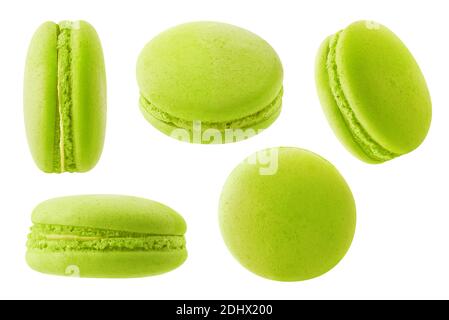 Isolated green macarons collection. Pistachio or green tea macaroon at different angles isolated on white background Stock Photo