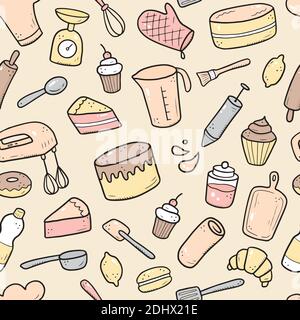 Hand drawn seamless pattern of baking and cooking tools, mixer, cake, spoon, cupcake, scale. Doodle sketch style. Illustration for textile, background, wallpaper design. Stock Vector