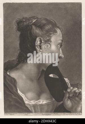 Portrait of a Woman with Mask, Print made by Johann Lorenz Haid, 1702–1750, German, after Giovanni Battista Piazzetta, 1682–1754, Italian, Published by Johann Christian Leopold, 1699–1755, German, 1750s, Mezzotint on medium, slightly textured, cream laid paper, Sheet: 19 1/2 × 13 5/8 inches (49.5 × 34.6 cm), Plate: 15 × 10 3/8 inches (38.1 × 26.4 cm), and Image: 14 5/8 × 10 3/8 inches (37.1 × 26.4 cm Stock Photo
