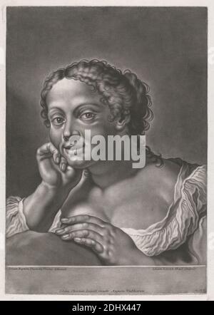 Portrait of a Woman, Print made by Johann Lorenz Haid, 1702–1750, German, after Giovanni Battista Piazzetta, 1682–1754, Italian, Published by Johann Christian Leopold, 1699–1755, German, undated, Mezzotint on moderately thick, slightly textured, cream laid paper, Sheet: 20 3/16 x 14 5/16 inches (51.3 x 36.3 cm), Plate: 14 15/16 x 10 1/2 inches (38 x 26.7 cm), and Image: 13 1/2 x 10 1/2 inches (34.3 x 26.7 cm), curls, dress, genre subject, gesturing, hands, leaning, light, posing, resting, smiling, woman Stock Photo