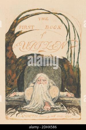The First Book of Urizen, Plate 1, 'The First Book of Urizen.' (Bentley 1), Print made by William Blake, 1757–1827, British, 1794, Color-printed relief etching in orange-brown with watercolor on moderately thick, slightly textured, cream wove paper, Sheet: 11 7/8 x 9 5/8 inches (30.2 x 24.4 cm) and Plate: 6 x 4 1/8 inches (15.2 x 10.5 cm), beard, book, branches, grave, gravestone, literary theme, men, root, roots, text, tombstone, trees, writing (processes Stock Photo