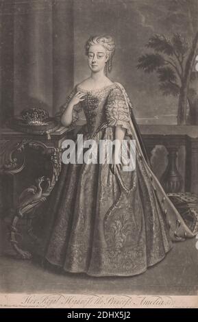 Her Royal Highness, the Princess Amelia, Print made by John Simon, 1675–1755, French, after Philippe Mercier, 1689 or 1691–1760, Franco-German, active in Britain (from 1716), undated, Mezzotint, Sheet: 17 3/4 x 12in. (45.1 x 30.5cm), portrait, princess