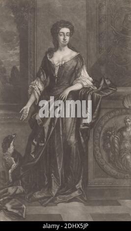 Lady (with dog, leaning against pedestal with bas-relief of cornucopia), unknown artist, eighteenth century, undated, Mezzotint, Sheet: 15 3/4 x 9 1/2in. (40 x 24.1cm Stock Photo