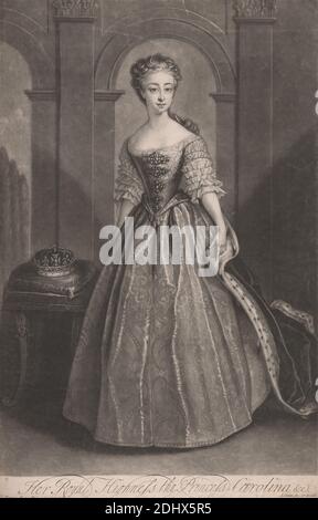 Her Royal Higness the Princess Carolina, Print made by John Simon, 1675–1755, French, after Philippe Mercier, 1689 or 1691–1760, Franco-German, active in Britain (from 1716), undated, Mezzotint, Sheet: 18 3/4 x 12in. (47.6 x 30.5cm), portrait, princess
