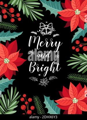 Decorative Christmas greeting card with evergreen plants, red flowers and lettering on a black background. Christmas and New year design. Stock Photo