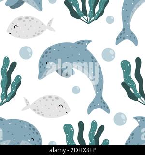 Cute nursery marine seamless pattern with dolphin, fish and seaweed isolated on white background. Scandinavian style hand drawn vector illustration. Stock Vector