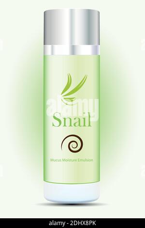 Vector draving. Advertising. Skin Repairing Snail Mucus Moisture Emulsion. Stock Vector