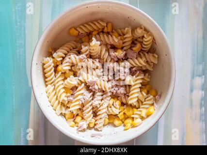 A homemade tuna past salad with tuna and sweetcorn. Stock Photo