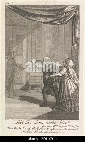 Seht Ihr denn nichts hier: 'Hamlet,' Act IV, Scene II, Print made by Daniel Nikolaus Chodowieki, German, 1726–1801, German, 1778, Etching on medium, slightly textured, gray laid paper, Sheet: 6 7/16 x 4 inches (16.3 x 10.2 cm) and Image: 5 1/2 x 7 9/16 inches (14 x 19.2 cm), actors, actress, cloak, columns, drapery, fancy dress, feathers, gesturing, hair, Hamlet, play by William Shakespeare, hat, holding, illustration, literary theme, play, plays by William Shakespeare, pointing, ruff, sword Stock Photo