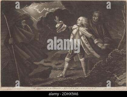 Mr. Garrick in the Character of King Lear - 'King Lear', Act III, Scene V, Charles Spooner, c.1720–1767, Irish, after Benjamin Wilson, 1721–1788, British, 1761, Mezzotint, Sheet: 10 x 14in. (25.4 x 35.6cm), literary theme Stock Photo