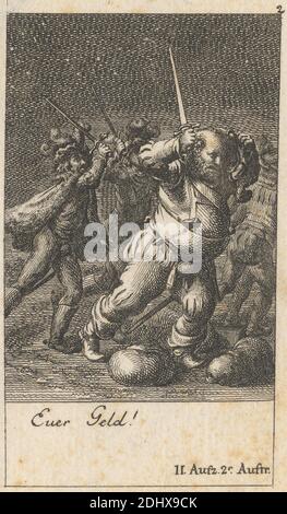 Henry IV, Part I,' Act II, Scene II, Print made by Daniel Nikolaus Chodowieki, German, 1726–1801, German, undated, Etching on moderately thick, slightly textured, beige laid paper, Sheet: 4 x 2 1/2 inches (10.2 x 6.3 cm) and Image: 2 11/16 x 1 7/8 inches (6.8 x 4.8 cm), boots, cape, coat, fighting, hats, Henry IV, part I by William Shakespeare, hill, illustration, literary theme, men, obese, plays by William Shakespeare, running, stars, swords Stock Photo