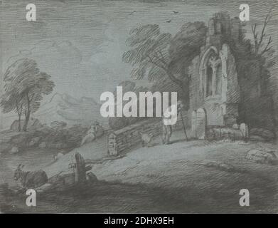 Wooded Landscape with Peasant Reading Tombstone, Rustic Lovers and Ruined Church, Print made by Thomas Gainsborough RA, 1727–1788, British, 1779 to 1780, Soft-ground etching in gray ink on moderately thick, moderately textured, blue laid paper, Sheet: 11 7/8 x 15 9/16 inches (30.2 x 39.5 cm), birds, church, dog (animal), donkeys, evening, genre subject, graveyard, hills, landscape, lovers, man, meadow, men, old, peasants, post, reading, ruins, tombs, tombstone, valley, woman, woods Stock Photo