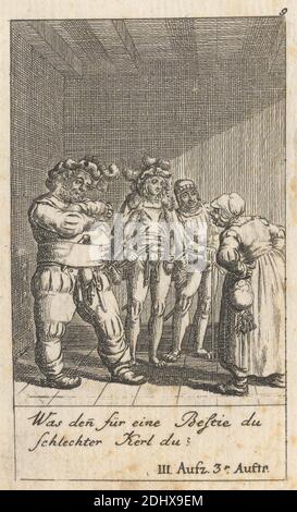 Henry IV, Part I,' Act III, Scene III, Print made by Daniel Nikolaus Chodowieki, German, 1726–1801, German, undated, Etching on moderately thick, slightly textured, beige laid paper, Sheet: 4 1/16 x 2 1/2 inches (10.3 x 6.4 cm) and Image: 3 5/16 x 1 15/16 inches (8.4 x 5 cm), bonnet, boots, candles, cape, coat, debt, explaining, gesturing, hats, Henry IV, part I by William Shakespeare, illustration, keys, literary theme, men, money, plays by William Shakespeare, pointing, posing, showing, swords, watching, woman Stock Photo