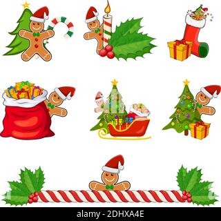 Christmas icon set isolated on white background. Vector cartoon design collection with gingerbread man. Holiday illustration with xmas design elements Stock Vector