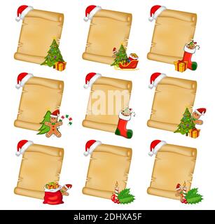 Christmas parchment scrolls set with ornaments.  Old empty papyrus paper sheet for christmas card. Vertical background with christmas tree, gifts and Stock Vector