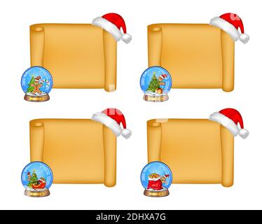 Christmas paper scrolls collection. Set of empty parchment for xmas card. Blank papyrus template with snow globe and santa hat. Holiday horizontal pag Stock Vector