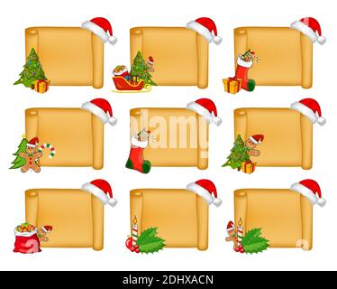 Parchment scroll set with christmas decoration. Old empty papyrus paper sheet for wish list or  christmas card. Horizontal background with christmas t Stock Vector