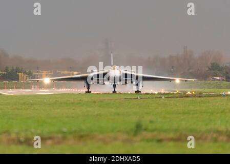 London Southend Airport, Essex, UK. 12th Dec, 2020. Avro Vulcan B2 bomber serial number XL426 was delivered to the Royal Air Force in 1962 and served through the Cold War as part of the nuclear deterrent and beyond until retirement in 1986, after which it was bought for display by an individual at Southend. After languishing for years it was taken on by the Vulcan Restoration Trust, a charity run by volunteers, who have restored it to ground running conditions. Today they held a rare high speed run down Southend’s runway Stock Photo