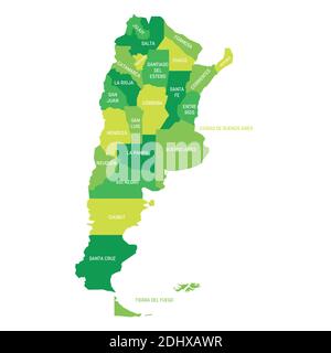 Green political map of Argentina. Administrative divisions - provinces. Simple flat vector map with labels. Stock Vector