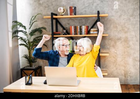 Older couple looks on laptop with a winery smiles Stock Photo