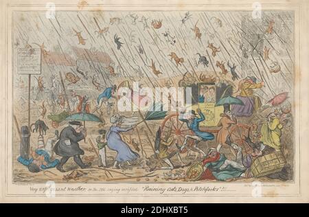Very Unpleasant Weather, or, the Old Saying Verified 'Raining Cats, Dogs, & Pitchforks.'!!!, Print made by George Cruikshank, 1792–1878, British, Published by Thomas McLean, 1788–1875, British, 1835, Etching and stipple engraving, hand-colored on moderately thick, slightly textured, beige wove paper, Sheet: 10 11/16 x 16 5/16 inches (27.1 x 41.4 cm), Plate: 10 3/16 x 15 3/8 inches (25.8 x 39 cm), and Image: 8 3/4 x 14 1/4 inches (22.3 x 36.2 cm), apples, caricature, carts, cats, chaos, coach, dogs (animals), falling, genre subject, illustration, injured, men, meteorology, pitchforks, rain Stock Photo