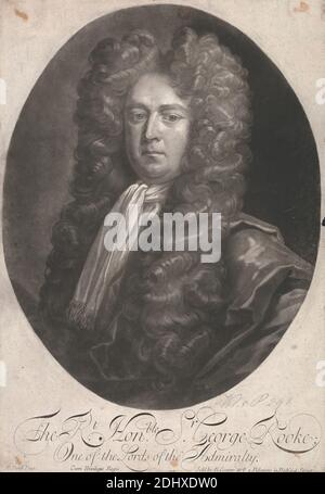 The Right Honourable Sir George Rooke, Edward Cooper, (?), active 1682 –died 1725, British, after Michael Dahl, 1656–1743, Swedish, active in Britain (from 1682), undated, Mezzotint on medium, slightly textured, cream, laid paper, Sheet: 12 3/16 × 8 3/8 inches (31 × 21.3 cm) and Image: 10 3/8 × 8 1/8 inches (26.4 × 20.6 cm Stock Photo