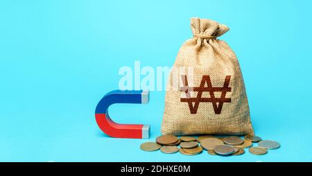 South korean won money bag and red blue magnet. Raising funds and investments in business projects and startups. Money laundering. Accumulation and at Stock Photo