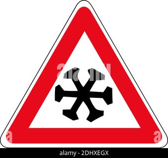 Snow ahead warning sign. Vector illustration of triangle road sign for cold. Stock Vector