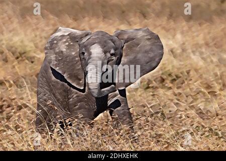Africa, Kenya, Laikipia Plateau, Northern Frontier District, Ol Pejeta Conservancy. Baby African elephant (WILD: Loxodonta Africana) Computer enhanced Stock Photo