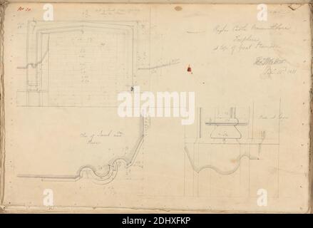 Raglan Castle, Monmouthshire, Wales: Fireplace at Top of Great Staircase, unknown artist, (TL Walker), Studio of Augustus Charles Pugin, (TL Walker), 1762–1832, French, formerly Augustus Welby Northmore Pugin, 1812–1852, British, 1831, Graphite and pen and red ink on moderately thick, smooth, cream wove paper, Sheet: 10 1/2 x 15 1/16 inches (26.7 x 38.3 cm), architectural subject, castle, fireplaces, Gothic (Medieval), plans (drawings), staircases, Monmouthshire, Raglan Castle Stock Photo