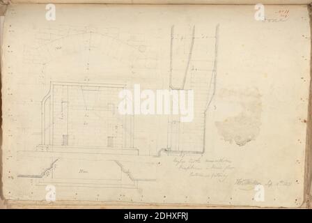 Raglan Castle, Monmouthshire, Wales: Elevation, Section and Plan of Fireplace in First Floor Entrance Gateway, unknown artist, (TL Walker), Studio of Augustus Charles Pugin, 1762–1832, French, formerly Augustus Welby Northmore Pugin, 1812–1852, British, 1831, Graphite and pen and pink ink on moderately thick, slightly textured, cream wove paper, Sheet: 10 1/2 x 15 1/16 inches (26.7 x 38.3 cm), architectural subject, castle, fireplaces, Gothic (Medieval), plans (drawings), sections, Monmouthshire, Raglan Castle Stock Photo