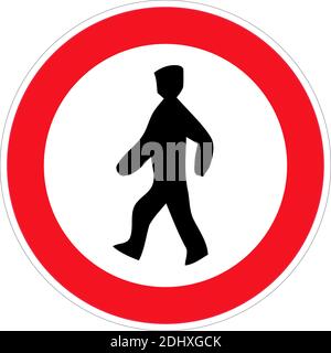 No access for pedestrians sign. Vector illustration. Black pictogram on white background, red edging and diagonal line. Round shape. Stock Vector