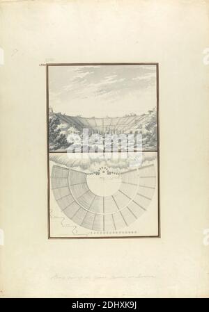 Plan and View of the Third Theater at Laodicea, Giovanni Battista Borra, 1713–1770, Italian, ca. 1750, Gray wash with black ink over graphite on moderately thick, moderately textured, beige laid paper, Sheet: 21 5/16 x 14 7/8 inches (54.1 x 37.8 cm) and Image: 12 5/16 x 7 7/8 inches (31.2 x 20 cm), amphitheater, arches, architectural subject, columns, ruins, scale (rule), site plan, theater, Asia, Denizli Ili, Ege kiyilari, Laodicea, Turkey Stock Photo