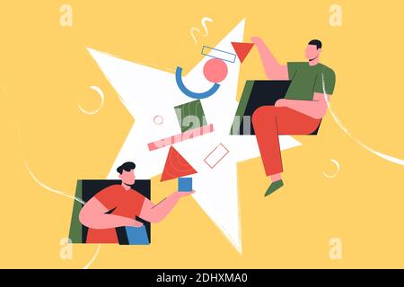 People team collect puzzle vector illustration. Cartoon man characters carry and arrange puzzle together, holding pieces of different geometric shape, success collaboration teamwork concept background Stock Vector