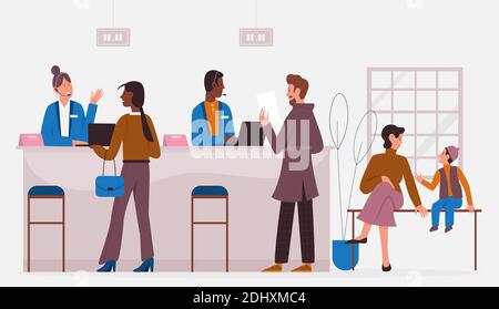 Bank office working with clients, banking service vector illustration. Cartoon customer characters visit professional bank consultant or finance manager for consulting in financial problems background Stock Vector