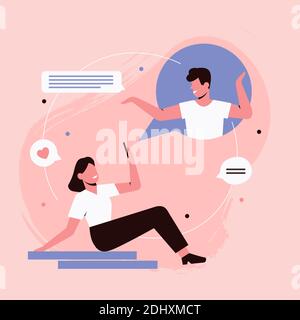 People on date in online chat, internet communication concept vector illustration. Cartoon lover characters chatting in chat bubble, couple communicating, social media virtual conversation background Stock Vector
