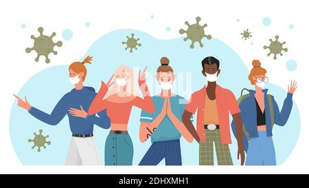 People in medical masks vector illustration. Cartoon young man woman characters standing together, wearing face masks to prevent coronavirus infection, healthcare prevention measures background Stock Vector