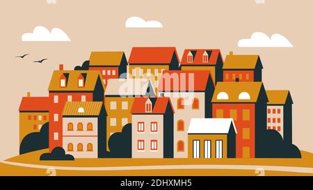 Sunset in city vector illustration. Cartoon evening dark panorama cityscape with urban skyline, town architecture buildings on street, townhouses exterior in minimal geometric flat style background Stock Vector