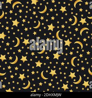 seamless night pattern for sleeping with the moon and golden stars on a black background Stock Vector