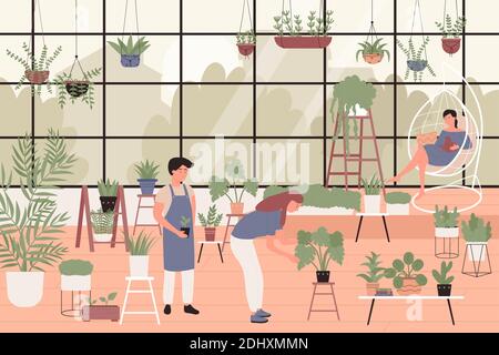 People planting green plants in greenhouse home garden vector illustration. Cartoon young man woman florist gardener characters working, growing flower houseplants in pots, botanical hobby background Stock Vector