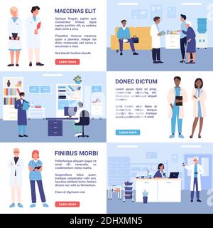 People doctor and nurse work in hospital departments vector illustration set. Cartoon man woman medical workers and medical laboratory, various medicine hospital departments with patients background Stock Vector