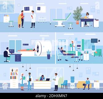 Healthcare medicine hospital service vector illustration set. Cartoon hospitalized patient characters waiting medical checkup consultation, mri scanner research and emergency ambulance help background Stock Vector
